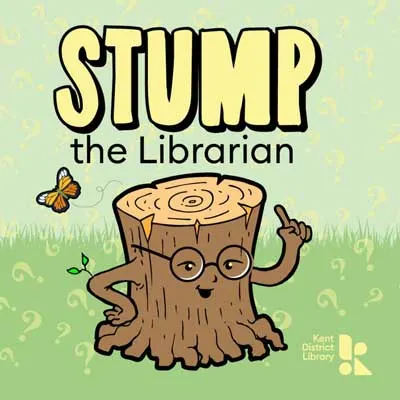 Stump the Librarian Podcast with illustrated tree stump with glasses and finger lecturing up in air and butterfly flying by