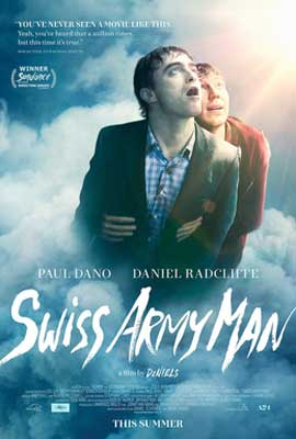 Swiss Army Man Movie Poster with two people in clouds looking up at night