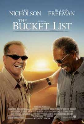 The Bucket List Movie Poster with white man with sunglasses touching the shoulder of a Black man with sunglasses and sun setting in distance