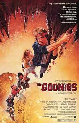 The Goonies Movie Poster with young people holding onto a rope, one underneath the next