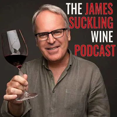 The James Suckling Wine Podcast with image of white man with gray white hair holding up glass of red wine