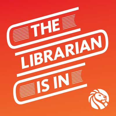 The Librarian Is In Podcast with ombre orange cover, title in white, and lion logo