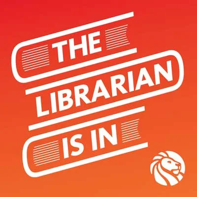 The Librarian Is In Podcast with ombre orange cover, title in white, and lion logo