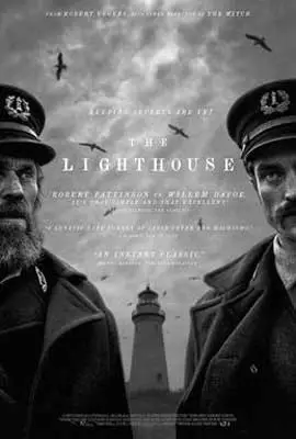 The Lighthouse Movie Poster with black and white image of two men in hats with lighthouse with birds in background