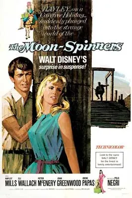 The Moon Spinners Movie Poster with white brunette man and white blonde woman leaning on a tree