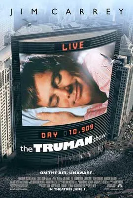 The Truman Show Movie Poster with image of person sleeping on large TV screen