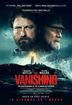 The Vanishing Movie Poster with image of two men with beards and mustaches and one wearing a hat with lighthouse and stormy water underneath their faces