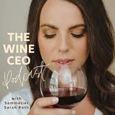 The Wine CEO Podcast cover with image of white brunette woman sniffing a glass of red wine