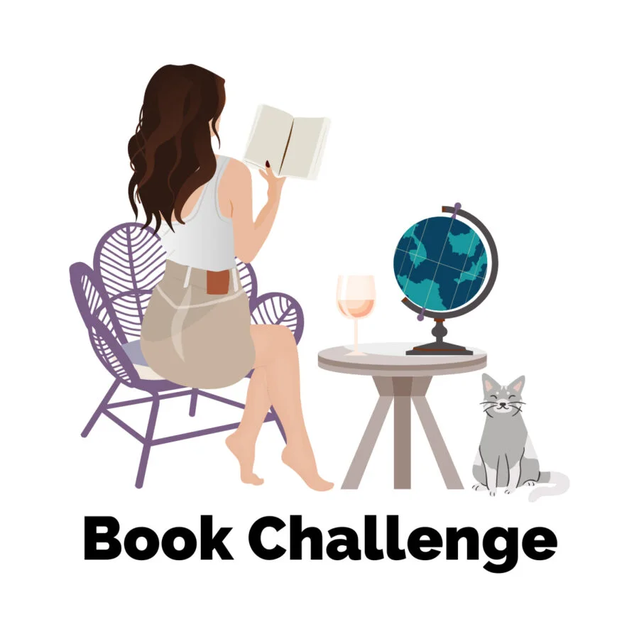Uncorked Reading Challenge with graphics of white brunette woman sitting in purple chair reading a book with gray cat and table with pink wine and globe next to her