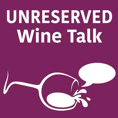 Unreserved Wine Talk Podcast cover with title in white letter and icon of tipped over wine glass with wine spilling out