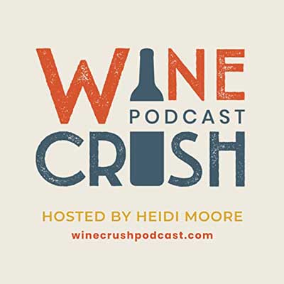 Wine Crush Podcast cover with name in orange and gray blue and bottle cut in half with the word podcast