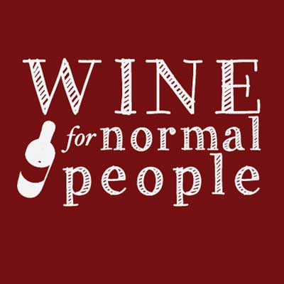 Wine for Normal People Podcast cover with title in white lettering and icon of bottle of wine