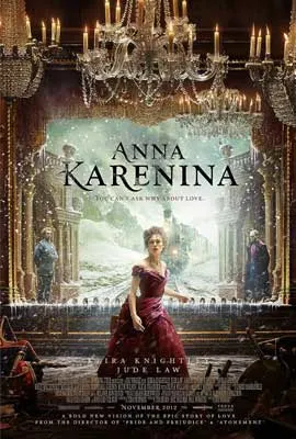 Anna Karenina Movie Poster with image of person in red dress with steam engine train behind them