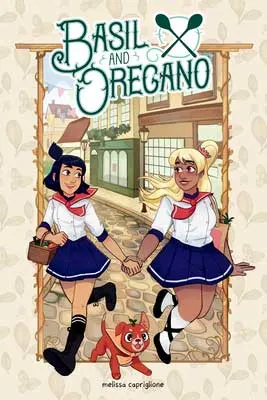 Basil and Oregano by Melissa Capriglione book cover with two people in white tops, blue shirts, and red scarves walking down a street holding hands