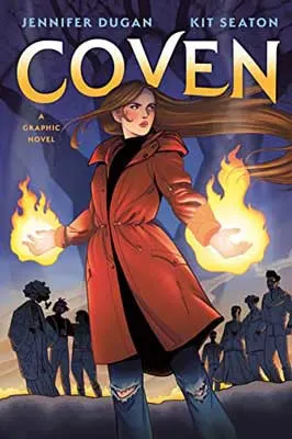 Coven by Jennifer Dugan book cover with illustrated person in red coat with flaming hands