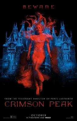 Crimson Peak Movie Poster with image of person in red coming out of glowing blue house