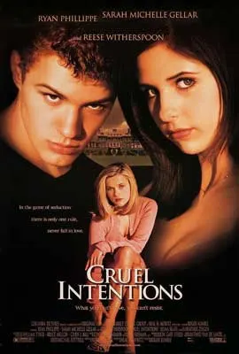 Cruel Intentions Movie Poster with image of three white faces two at top and one blonde woman in pink at bottom