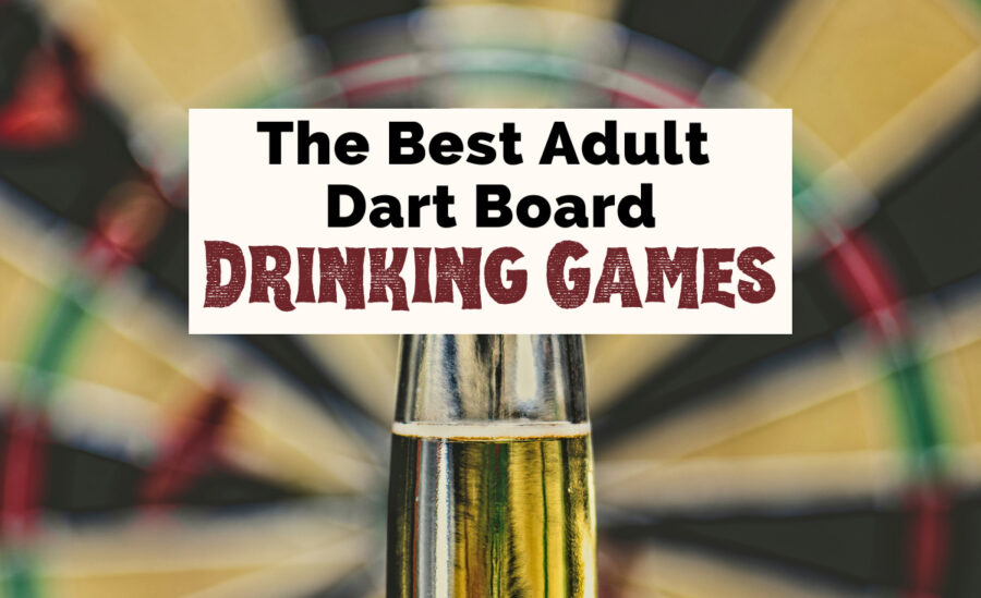 Dart Board Drinking Games with beer bottle filled yellow liquid in front of a blurred black, green, red, and off white dart board