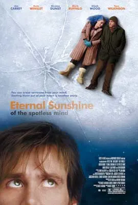 Eternal Sunshine of the Spotless Mind movie poster with white brunette male looking up at two people lying on ice in coats
