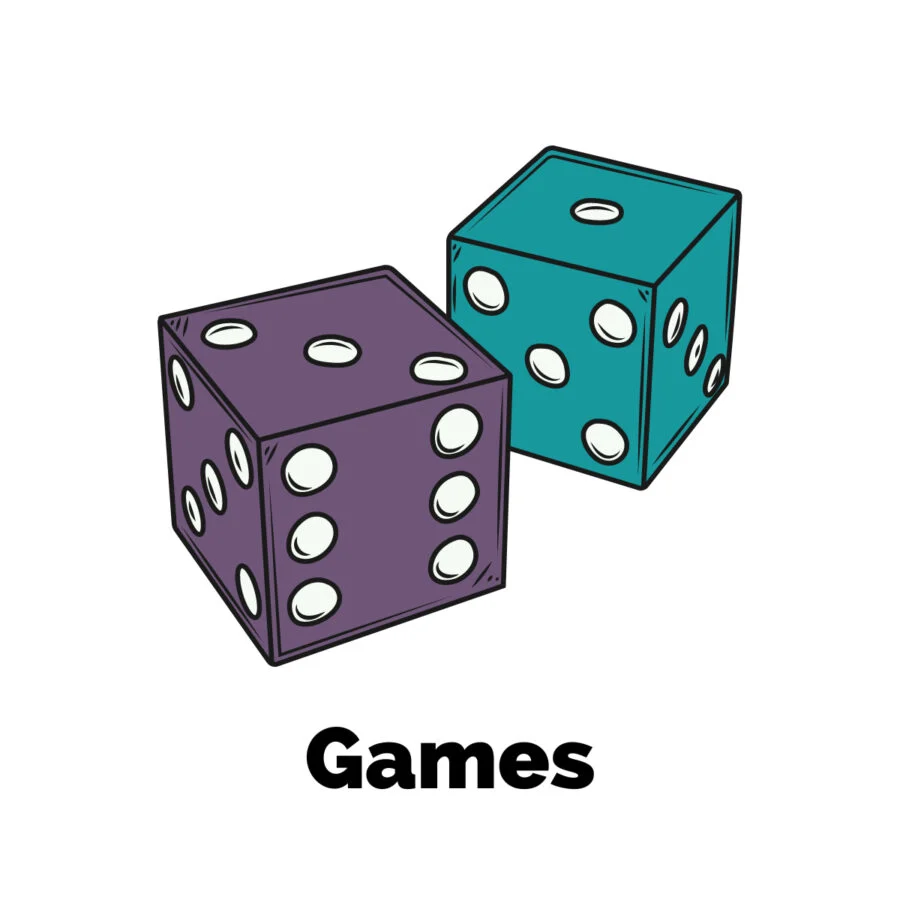 Games On The Uncorked Librarian with illustrated image of purple and turquoise dice