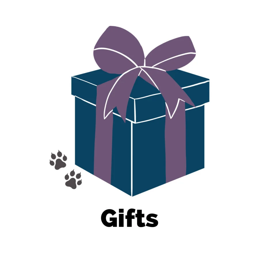Gifts On The Uncorked Librarian with illustrated image of blue present with purple paw next to gray cat paw prints