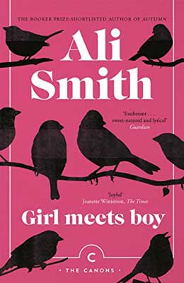 Girl Meets Boy by Ali Smith book cover with pink background and black birds