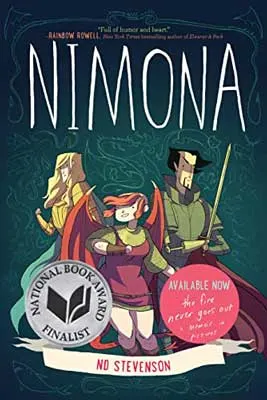 Nimona by ND Stevenson book cover with illustrated three people, one a young red haired woman with wings and two older men in background one with black hair and sword and the other with blonde hair a cape