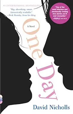 One Day by David Nicholls book cover with silhouette of two people with faces close together