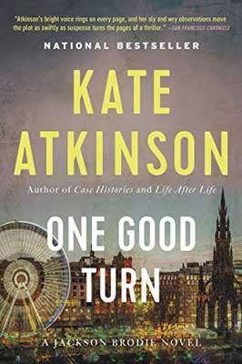 One Good Turn by Kate Atkinson book cover with image of city scape with buildings