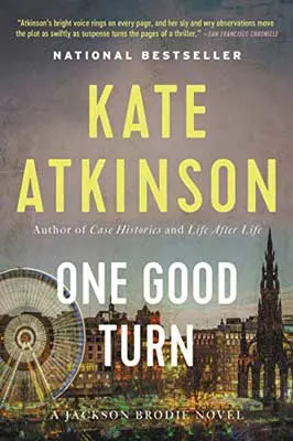 One Good Turn by Kate Atkinson book cover with image of city scape with buildings