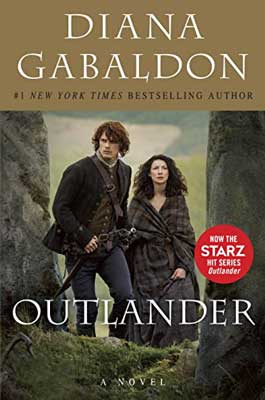 Outlander by Diana Gabaldon book cover with tv series tie in with two people between rocks with weapons