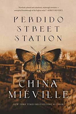Perdido Street Station by China Miéville book cover with brown, tan, and blue butterfly with sepia toned city in the background