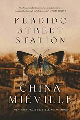 Perdido Street Station by China Miéville book cover with brown, tan, and blue butterfly with sepia toned city in the background