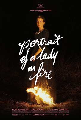 Portrait of a Lady on Fire Movie Poster with image of person in black and bottom of clothing is on fire