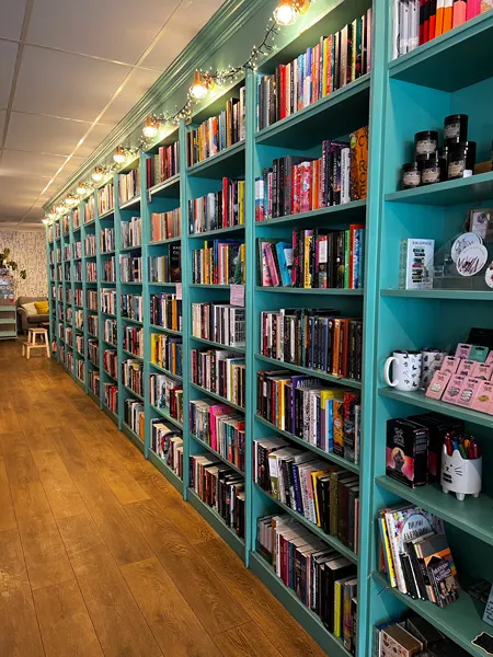 The Book Nook in Stirling Scotland with turquoise bookshelves filled with books and lights above them