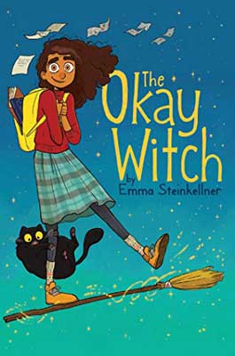 The Okay Witch by Emma Steinkellner book cover with illustrated person with plaid green skirt, red top, and yellow backpack