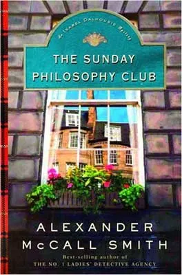The Sunday Philosophy Club by Alexander McCall Smith book cover with illustrated image of building through the window reflection on another brick building