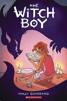 The Witch Boy by Molly Ostertag book cover with illustrated person reading a book with candles around them