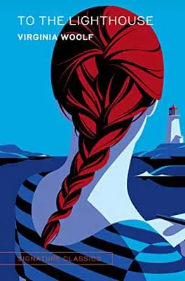 To The Lighthouse by Virginia Woolf book cover with illustrated person with braided red hair and blue water and lighthouse in background