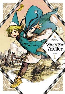Witch Hat Atelier by Kamome Shirahama book  cover with illustrated person in green blue cape with blonde hair and village scape in background