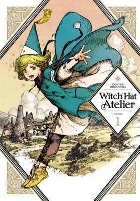 Witch Hat Atelier by Kamome Shirahama book cover with illustrated person in green blue cape with blonde hair and village scape in background