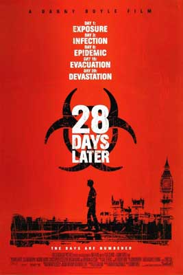 28 Days Later Movie Poster with black sketched person walking through city on red background