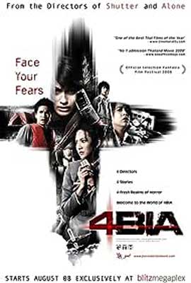 4bia Phobia Movie Poster with cross filled with images of people from movie on white background
