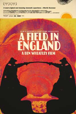 A Field in England Movie Poster with image of two people connected at hands with yellow, pink, and orange horizon like background