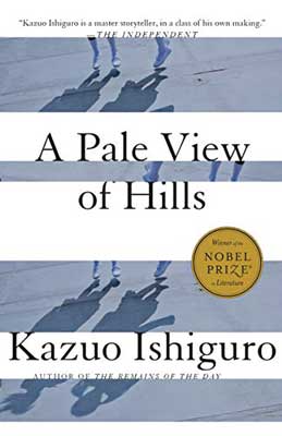 A Pale View Of Hills by Kazuo Ishiguro book cover with white and blue stripes with shadows of people in them