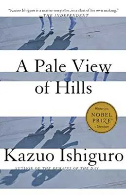A Pale View Of Hills by Kazuo Ishiguro book cover with white and blue stripes with shadows of people in them