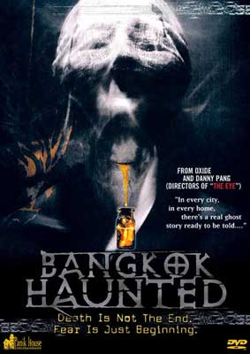 Bangkok Haunted Movie Poster with image of face covered in cloth screaming with yellow vial below mouth