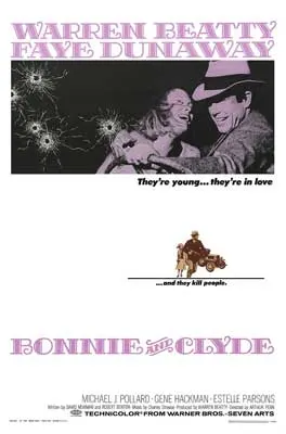 Bonnie and Clyde Movie Poster with image of two people laughing with gunshot ridden glass next to them