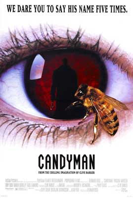 Candyman Movie Poster with image of red eye with person's shadow in it and a bee in front of the pupil
