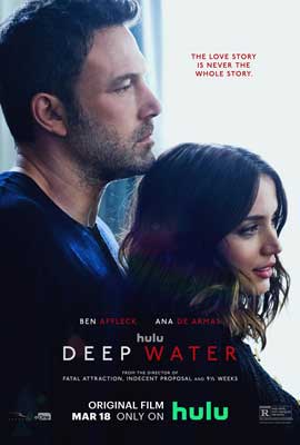 Deep Water Movie Poster with image of two people, one standing behind the other with his chin touching her head